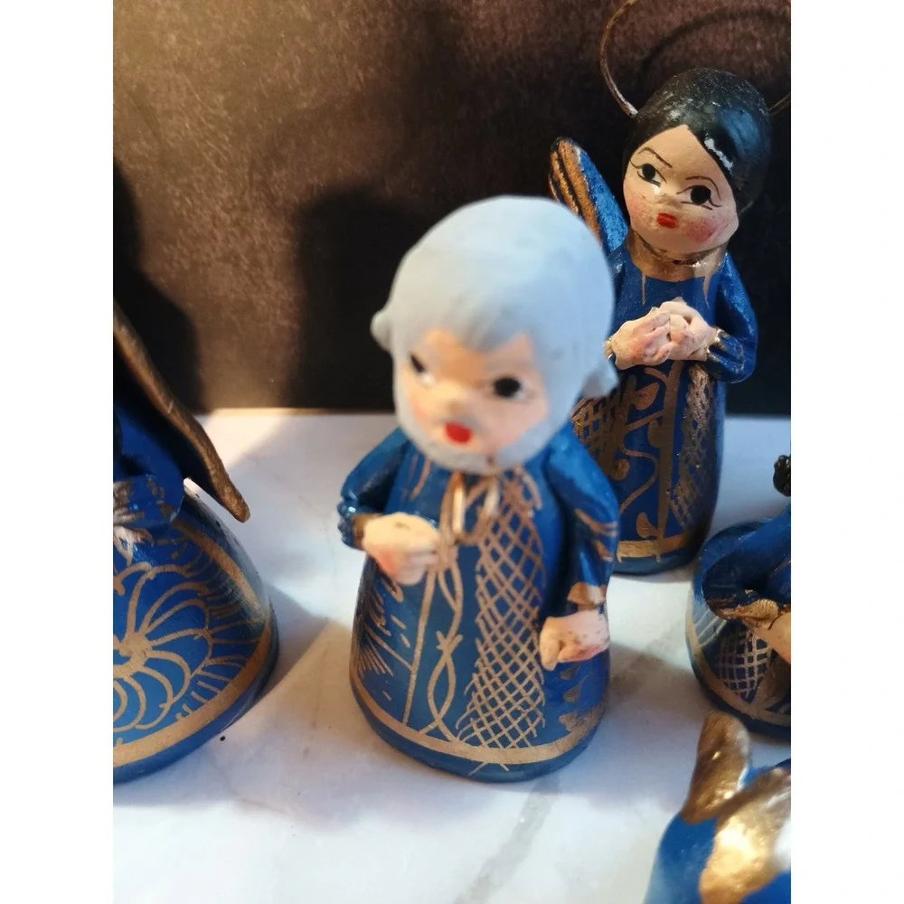 14 Piece Mexican Folk Art Christmas Nativity Set‎ Handpainted Blue Gold
